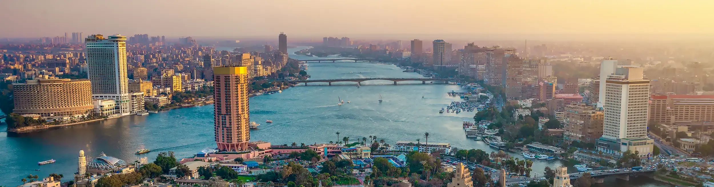 This image is an aerial view of Cairo, the capital of Egypt, built around the Nile River.